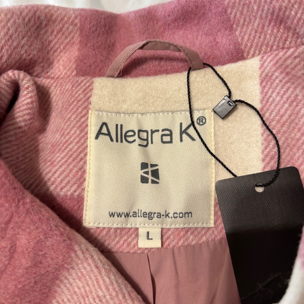 Allegra K Pink White Plaid Double-Breasted Collared Pea Coat Size L - Picture 3 of 9